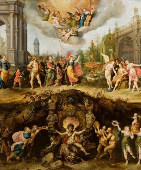 FRANS II FRANCKEN (Anvers, 1581-1642) L’Éternel Dilemme de l’homme : le choix entre le Vice et la Vertu - 1633 - Huile sur bois, 142 × 218,8 cm / Boston, collection particulière