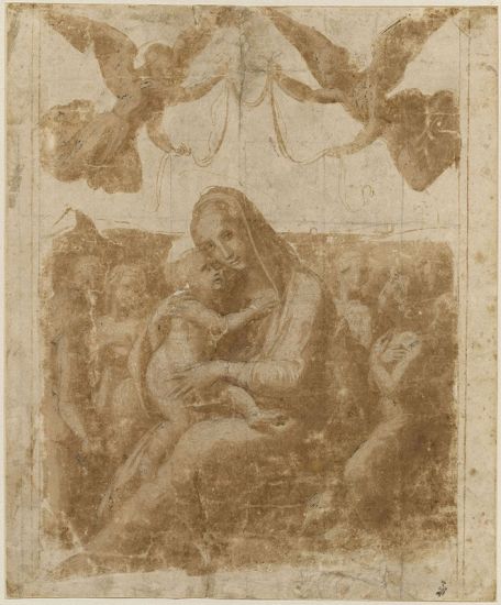 Raphaël, Madone d’humilité, couronnée par deux anges volant et entourée par six autres anges. © RMN-Grand Palais Domaine de Chantilly / Gérard Blot