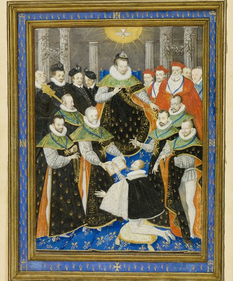 Antoine Caron ?, Henri III présidant la première cérémonie de l’ordre du Saint-Esprit, Chantilly, bibliothèque du musée Condé, ms 408 (détail)