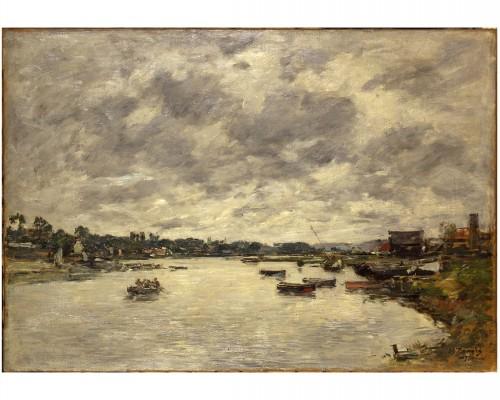 Tableau du fleuve la Touques avec ses berges et ses embarcations, peinture d'Eugène Boudin