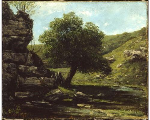 Peinture d'un paysage rocheux et verdoyant de Courbet