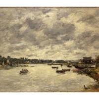 Tableau du fleuve la Touques avec ses berges et ses embarcations, peinture d'Eugène Boudin