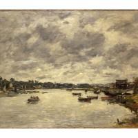 Tableau du fleuve la Touques avec ses berges et ses embarcations, peinture d'Eugène Boudin