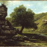 Peinture d'un paysage rocheux et verdoyant de Courbet